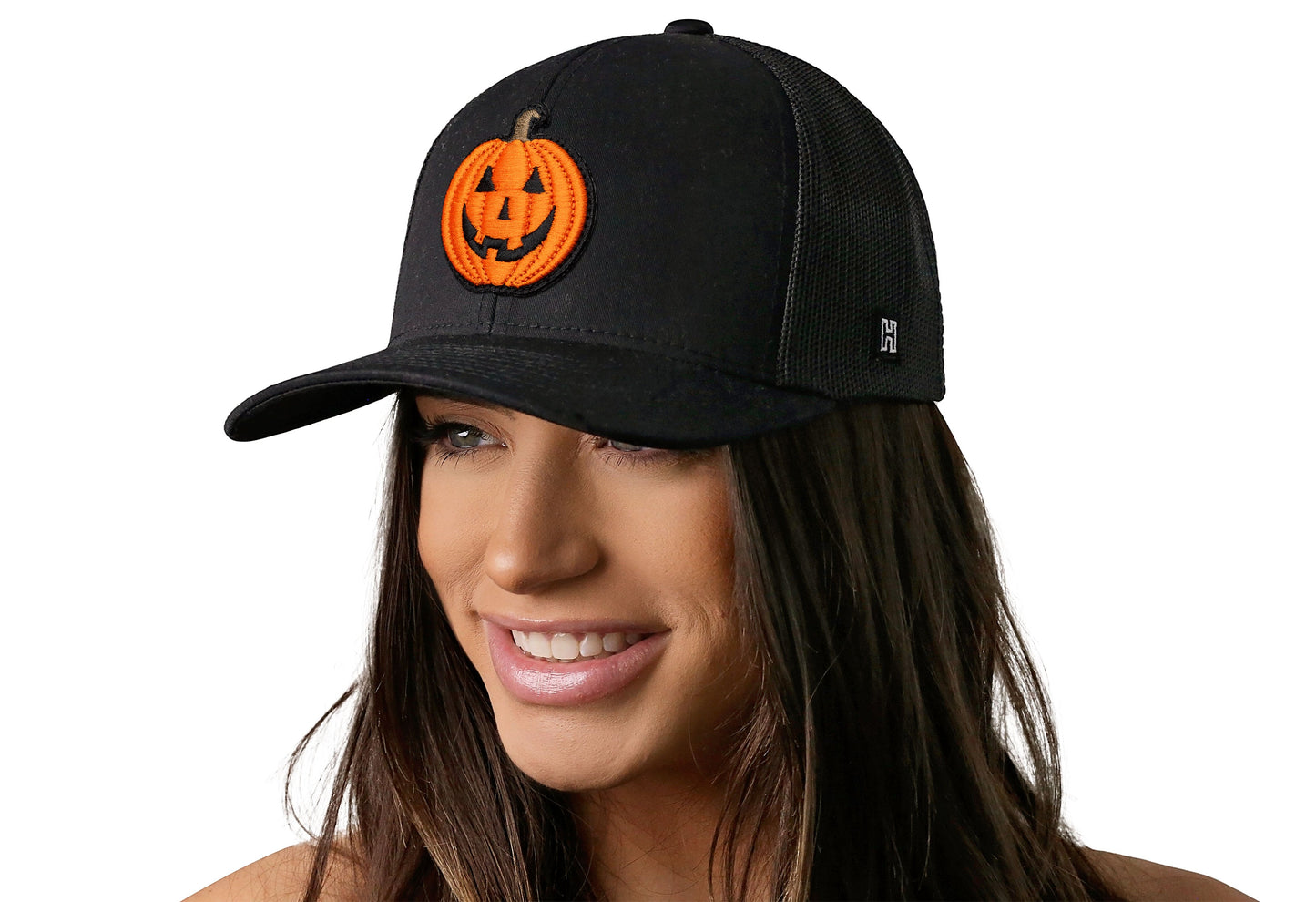 Jack-O-Lantern Trucker Hat Trucker Hat | Black Pumpkin Snapback