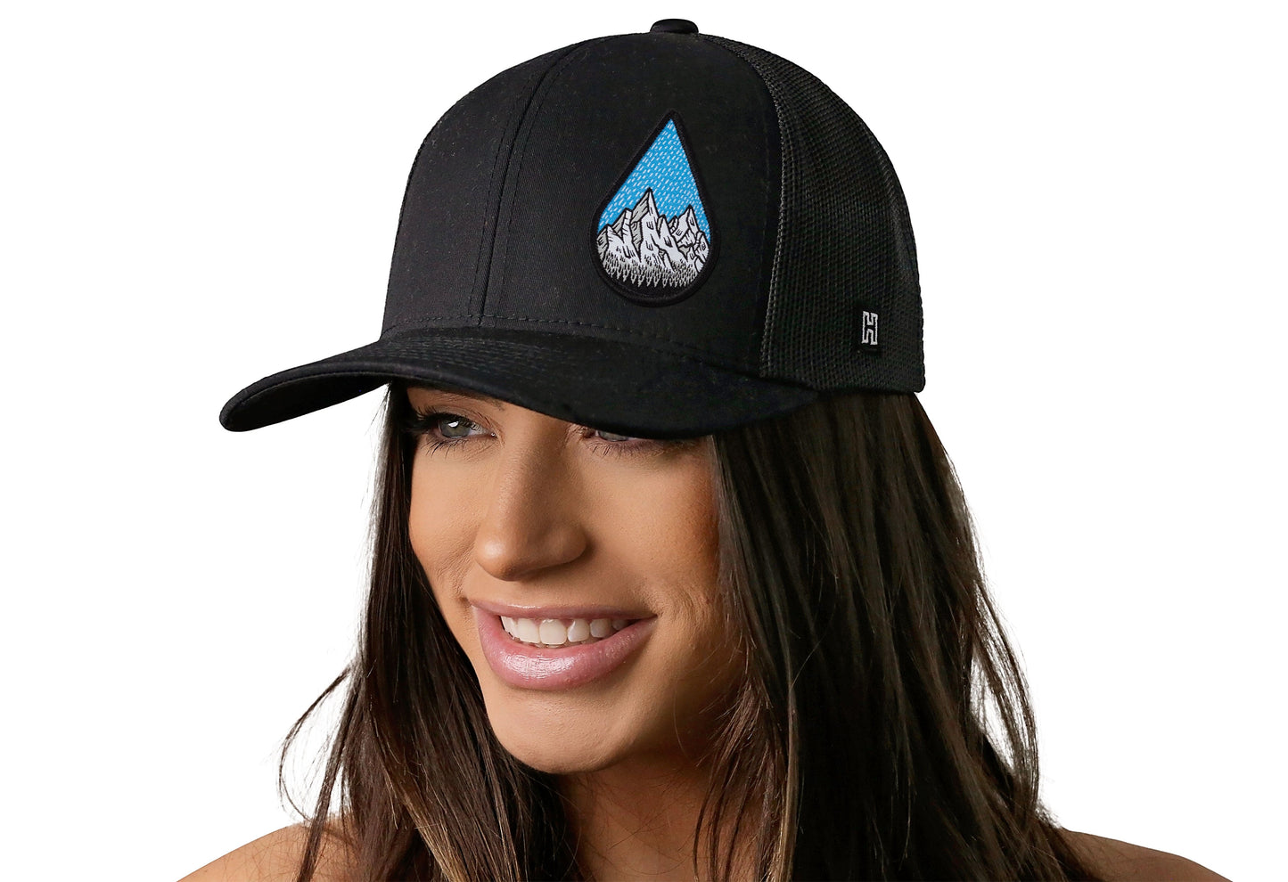 Rainddrop Mountain and Trees Trucker Hat | Black Outdoors Snapback
