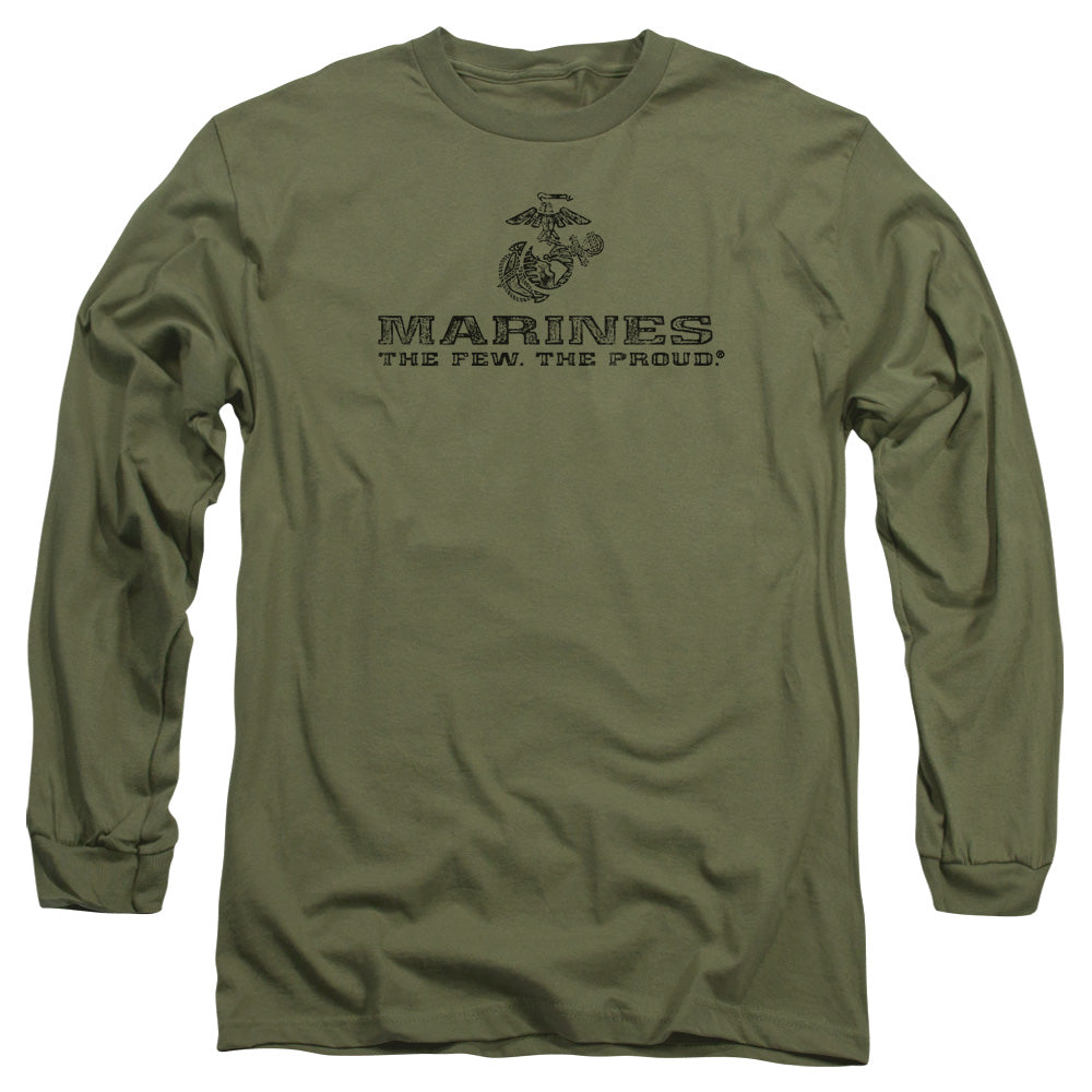 Us Marine Corps Distressed Logo Mens Long Sleeve Shirt Military Green Officially Licensed