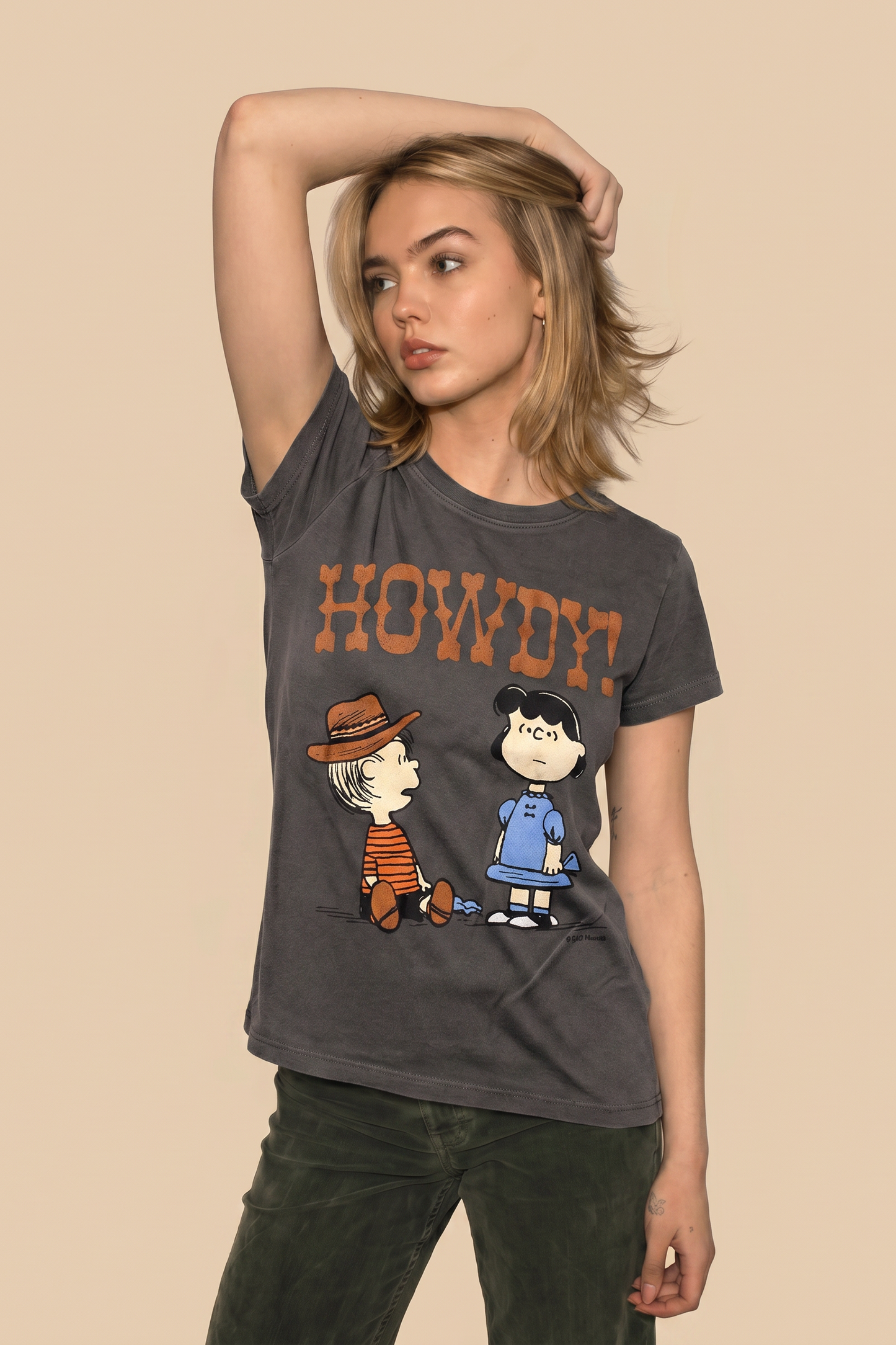 Peanuts Charlie Brown and Lucy Howdy Baby Tee Womens T Shirt Grey Officially Licensed
