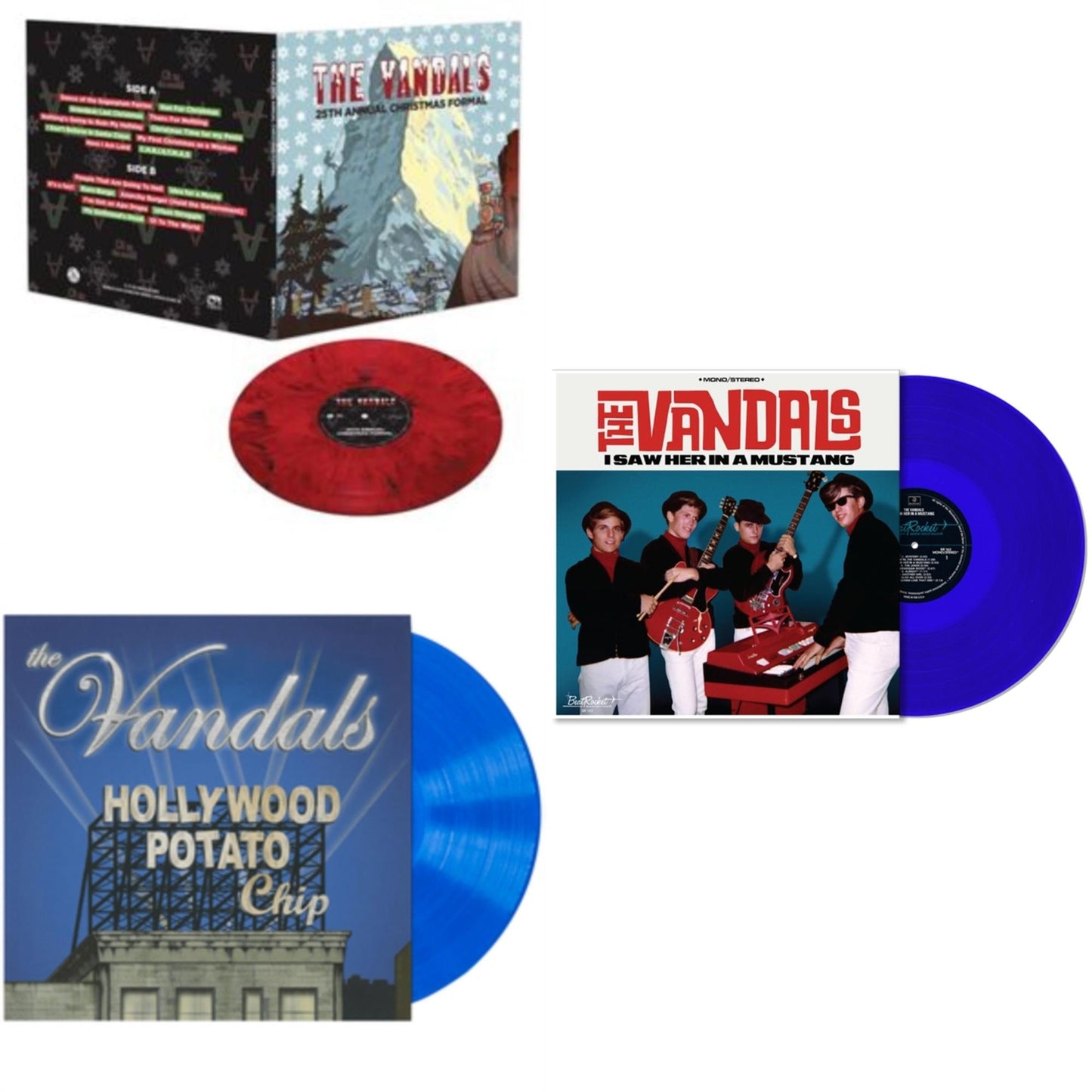 Vandals - I Saw Her In A Mustang (Blue LP Vinyl) & Hollywood Potato Chip (Blue LP Vinyl) & 25Th Annual Christmas Formal (Red & Black Marble LP Vinyl)