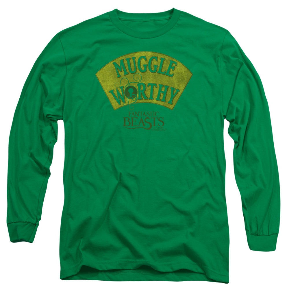 Fantastic Beasts Muggle Worthy Mens Long Sleeve Shirt Kelly Green Officially Licensed Officially Licensed