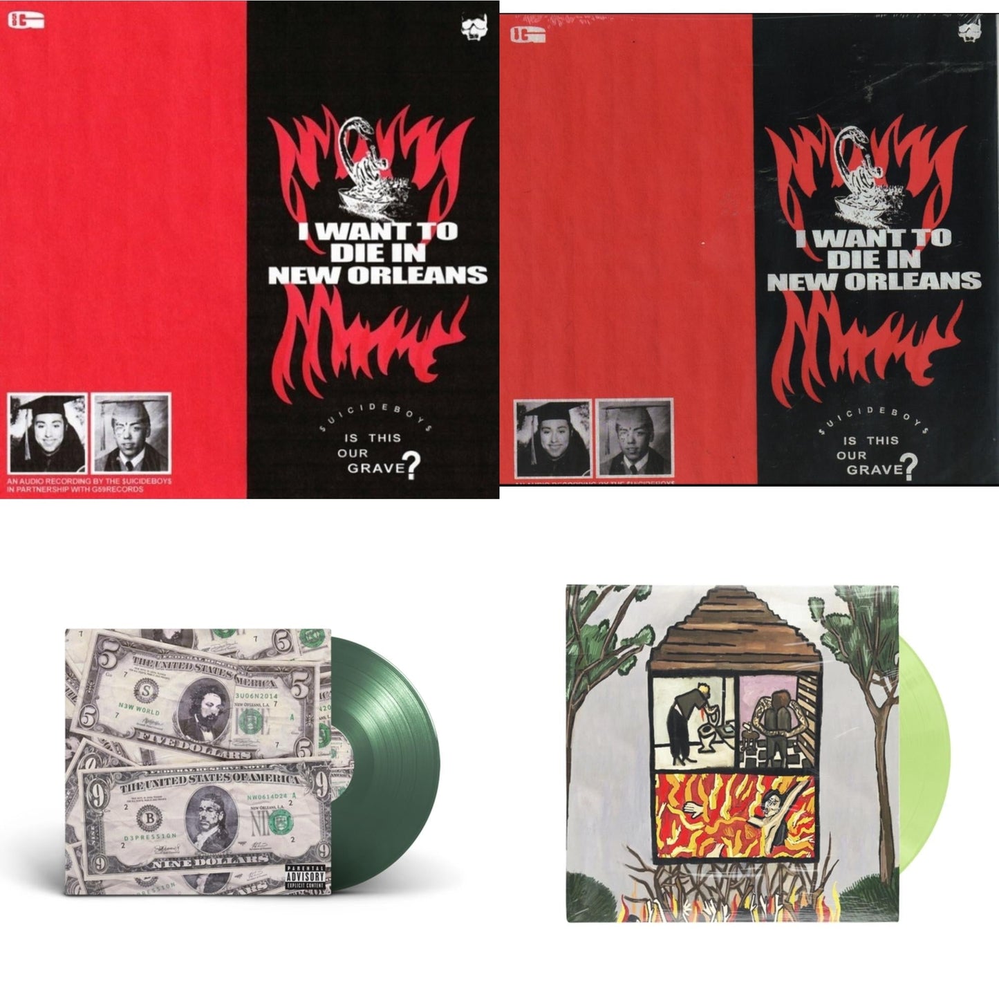 $Uicideboy$ - I Want To Die In New Orleans (Silver LP Vinyl) & I Want To Die In New Orleans (Red/Black LP Vinyl) & New World Depression (Coke Bottle LP Vinyl) & Long Term Effects Of Suffering (Glow Green LP Vinyl)