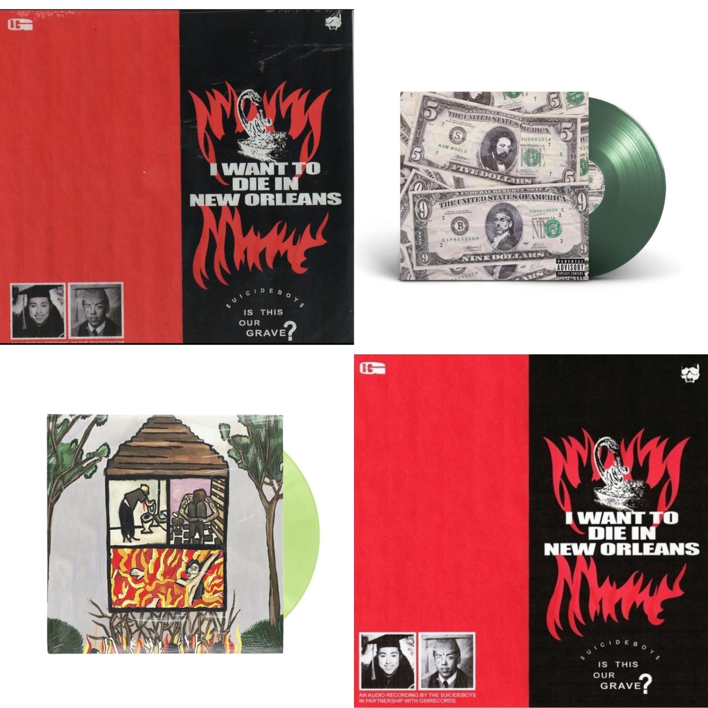 $Uicideboy$ - I Want To Die In New Orleans (Red/Black LP Vinyl) & New World Depression (Coke Bottle LP Vinyl) & Long Term Effects Of Suffering (Glow Green LP Vinyl) & I Want To Die In New Orleans (Silver LP Vinyl)