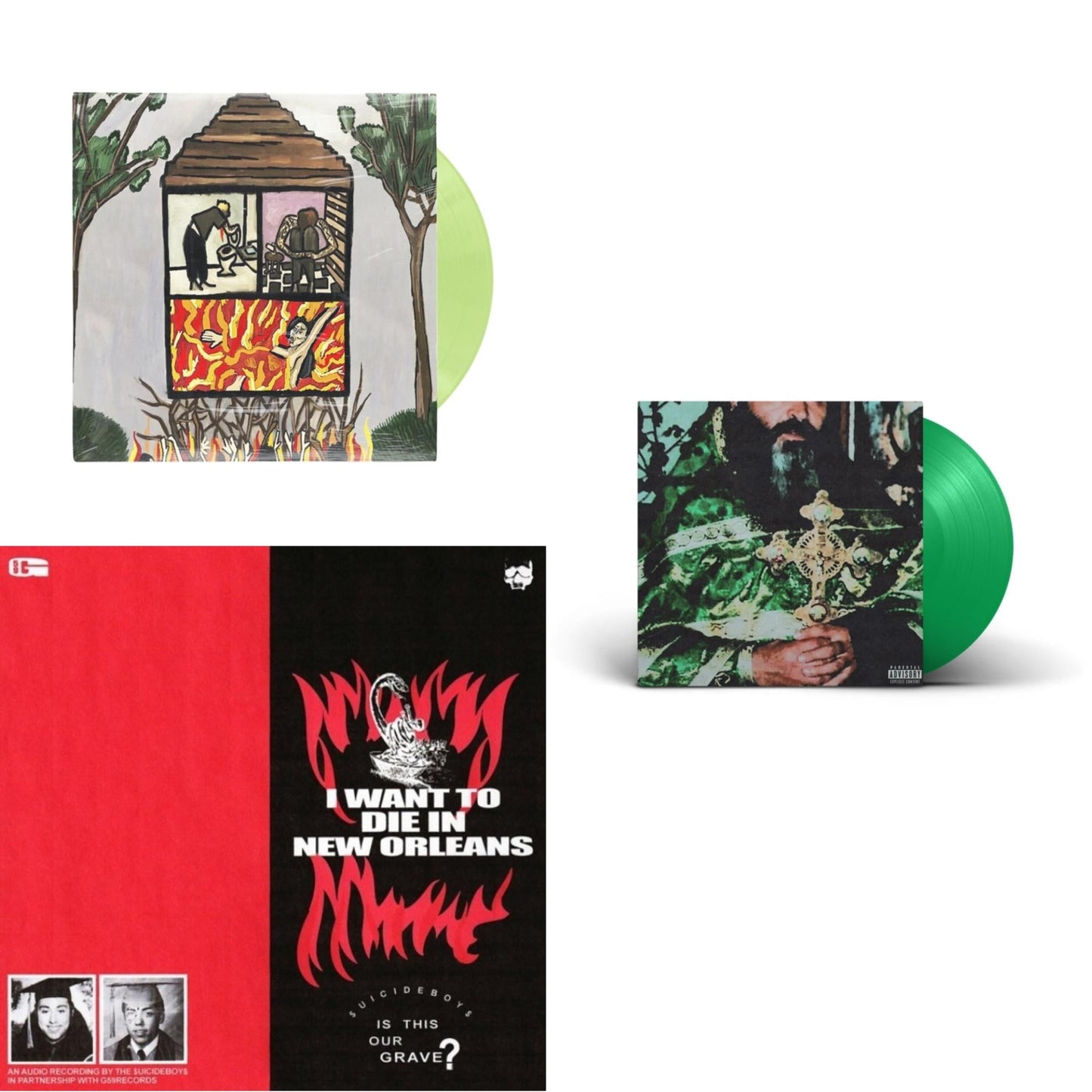 $Uicideboy$ - Long Term Effects Of Suffering (Glow Green LP Vinyl) & Sing Me A Lullaby My Sweet Temptation (Green LP Vinyl) & I Want To Die In New Orleans (Silver LP Vinyl)