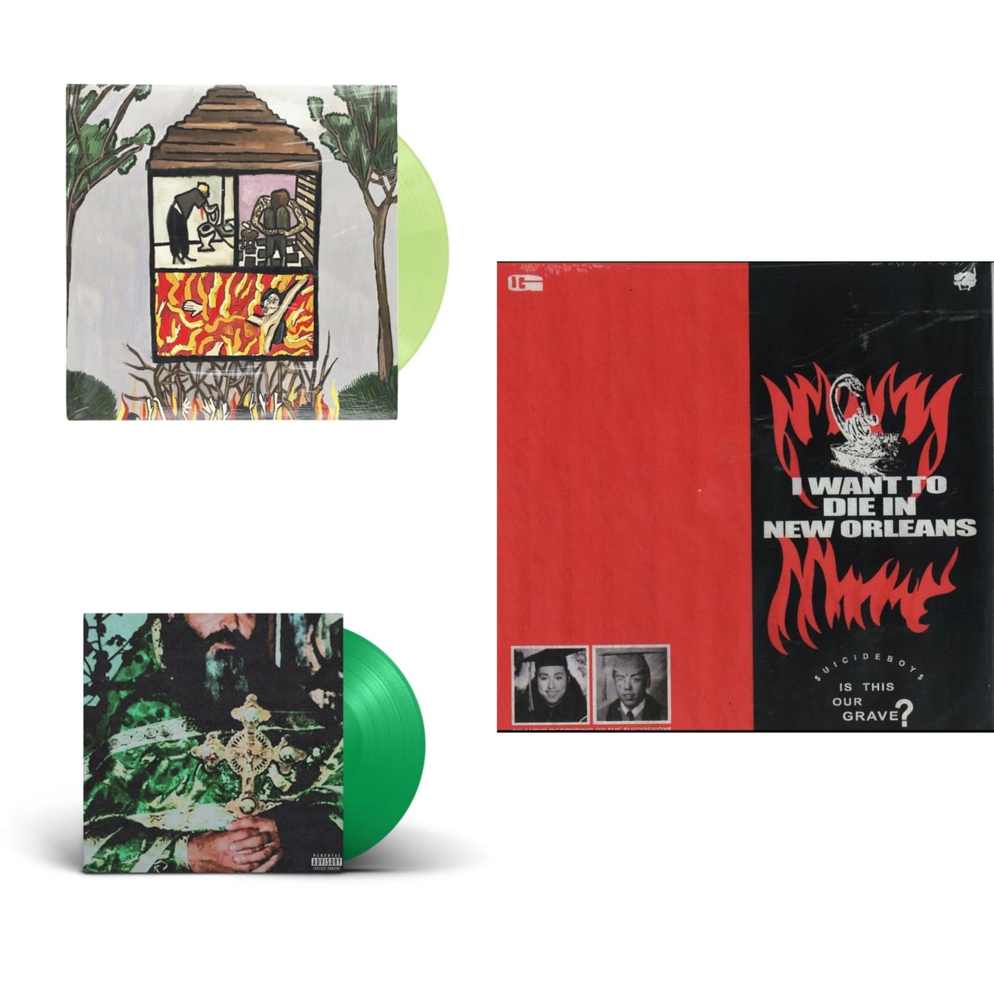 $Uicideboy$ - Long Term Effects Of Suffering (Glow Green LP Vinyl) & Sing Me A Lullaby My Sweet Temptation (Green LP Vinyl) & I Want To Die In New Orleans (Red/Black LP Vinyl)