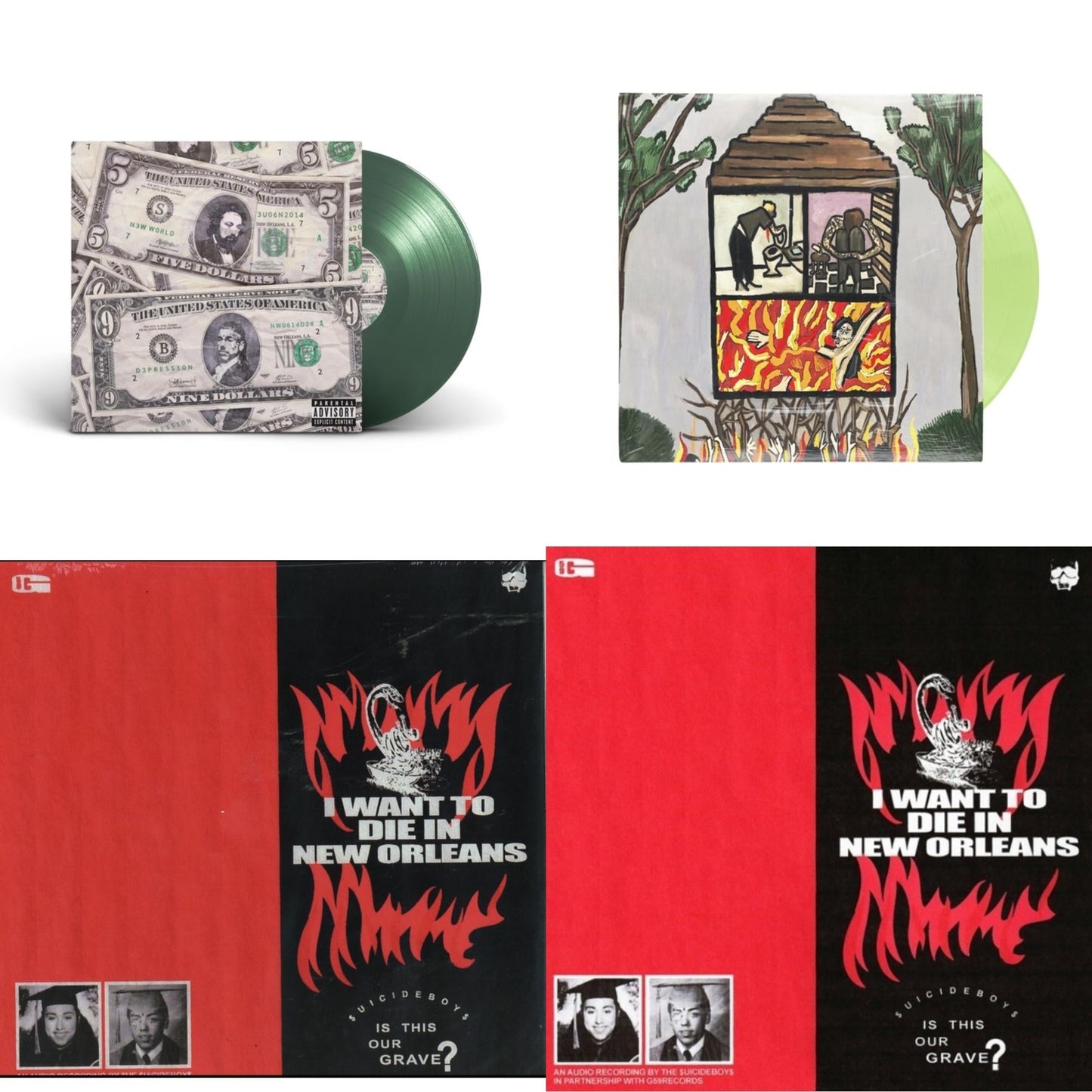 $Uicideboy$ - Long Term Effects Of Suffering (Glow Green LP Vinyl) & New World Depression (Coke Bottle LP Vinyl) & I Want To Die In New Orleans (Red/Black LP Vinyl) & I Want To Die In New Orleans (Silver LP Vinyl)