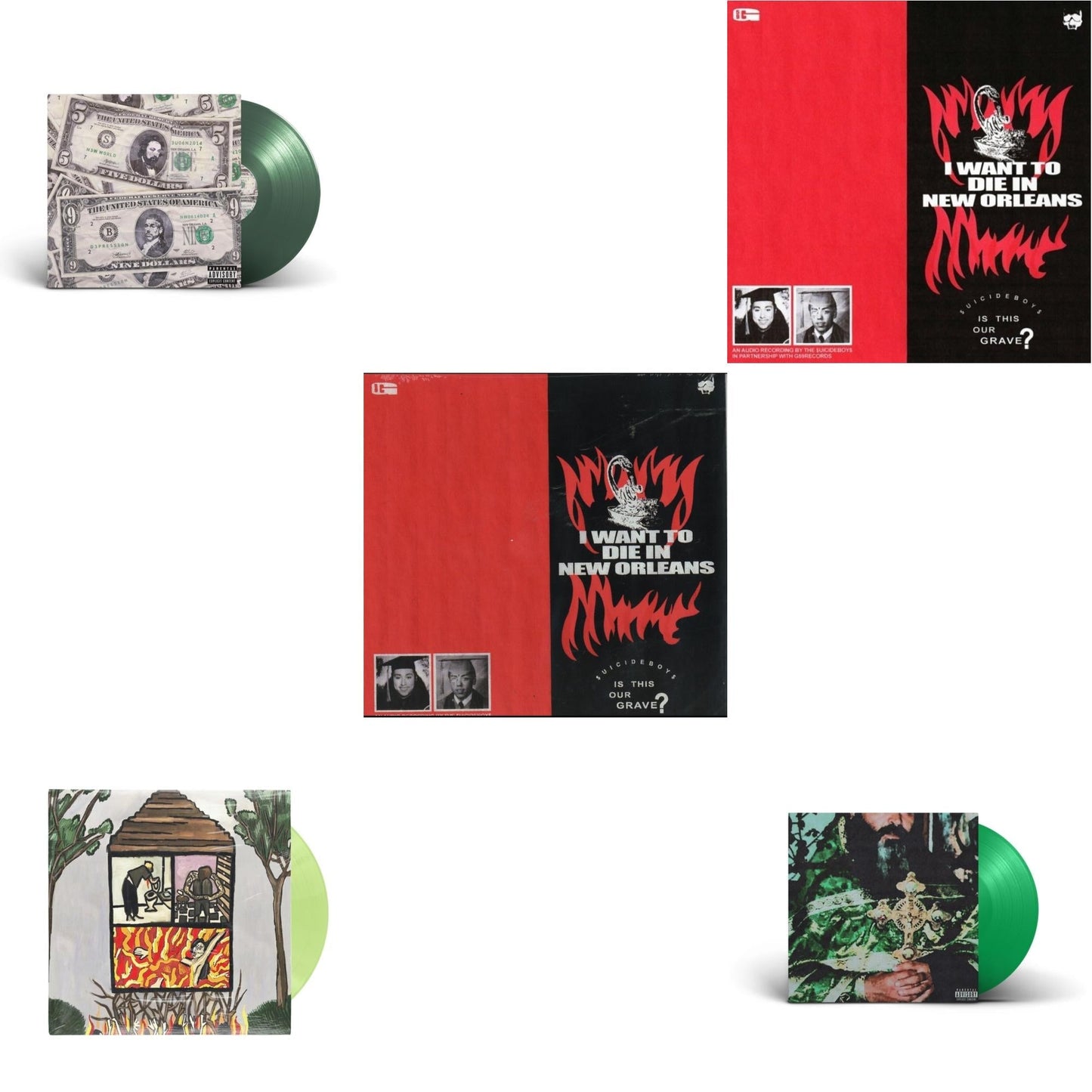 $Uicideboy$ - Long Term Effects Of Suffering (Glow Green LP Vinyl) & Sing Me A Lullaby My Sweet Temptation (Green LP Vinyl) & New World Depression (Coke Bottle LP Vinyl) & I Want To Die In New Orleans (Red/Black LP Vinyl) & I Want To Die In New