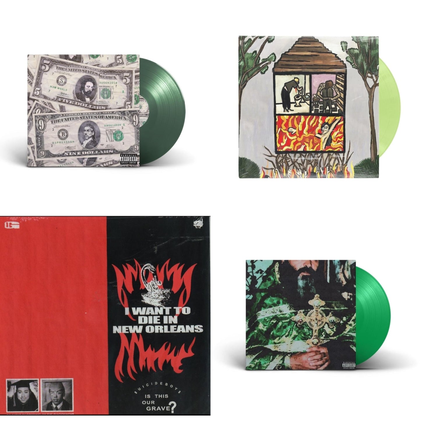 $Uicideboy$ - New World Depression (Coke Bottle LP Vinyl) & Long Term Effects Of Suffering (Glow Green LP Vinyl) & I Want To Die In New Orleans (Red/Black LP Vinyl) & Sing Me A Lullaby My Sweet Temptation (Green LP Vinyl)
