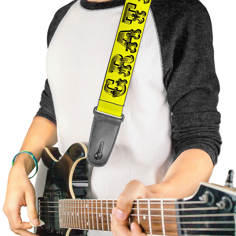 Grateful Dead Text With Skull and Roses Yellow Guitar Strap