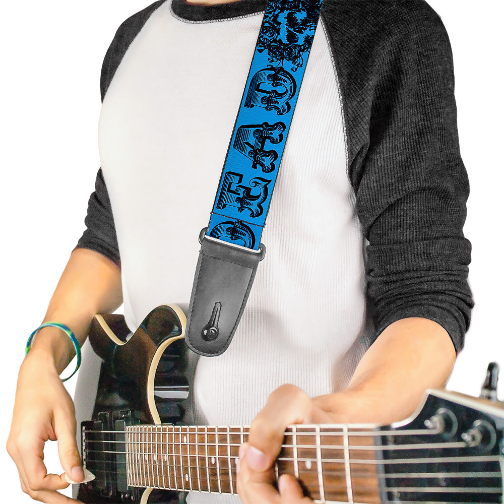 Grateful Dead Text With Skull and Roses Turquoise Guitar Strap