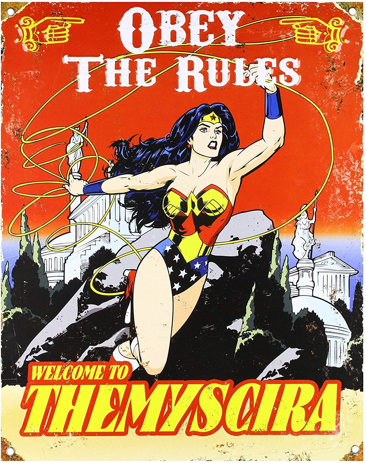 Wonder Woman Heavy Duty Metal Sign, 14.5x11.5, Embossed, Pub Style, Vintage Petina Design