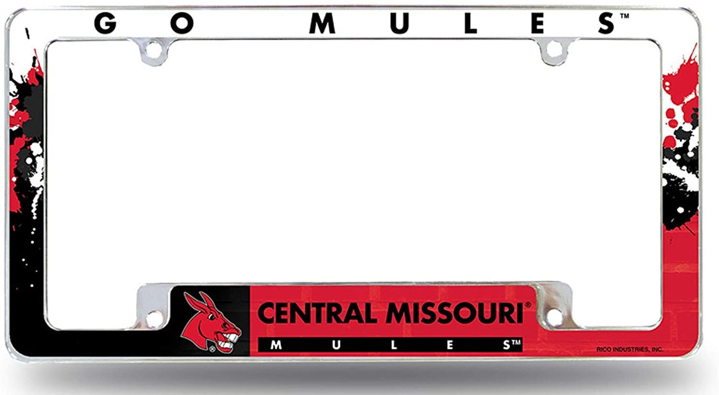 University of Central Missouri Mules Metal License Plate Frame Chrome Tag Cover, All Over Design, 6x12 Inch
