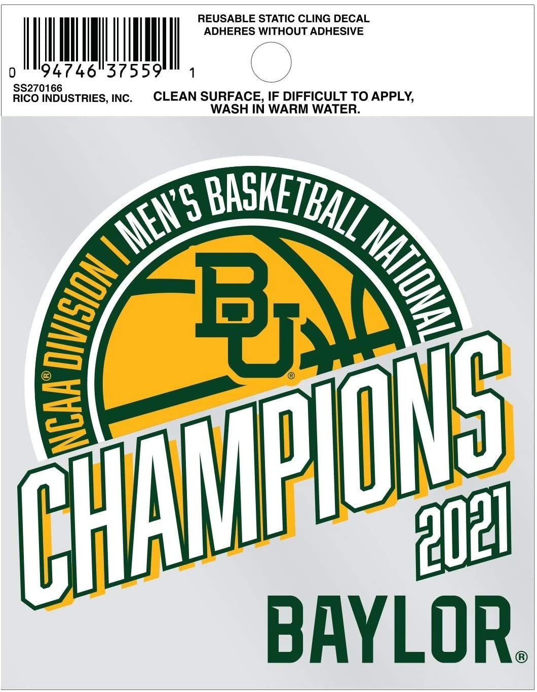 Baylor University Bears 2021 Champions 3.5" Static Cling Decal Window Glass Sticker Emblem