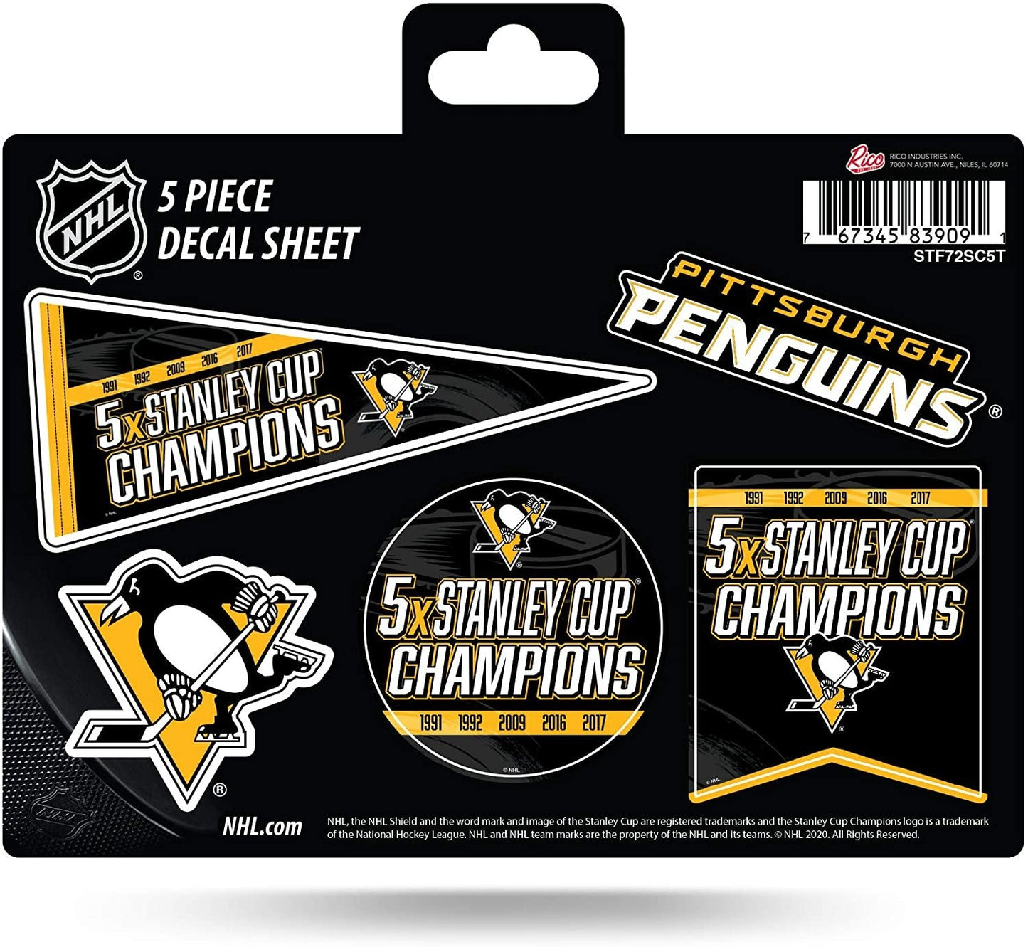 Pittsburgh Penguins Decal Sticker 5X Time Champions 5 Piece Multi Sheet Flat Vinyl Emblem Hockey