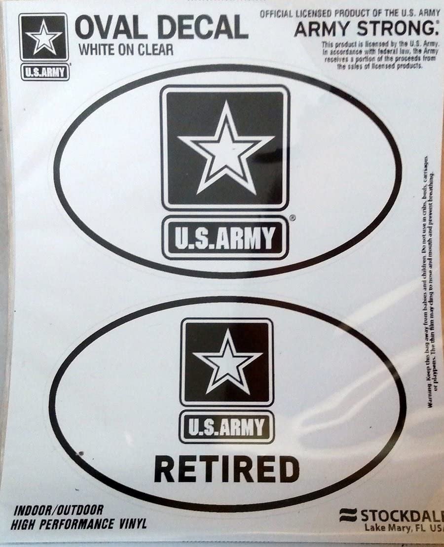 U.S. Army, Retired, 2-Piece White and Clear Euro Decal Sticker Set, 4x2.5 Inch Each, United States Military