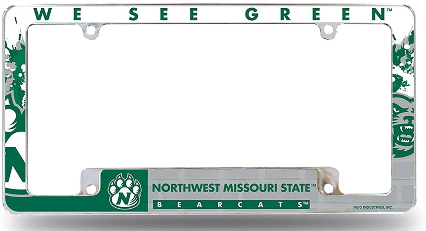Northwestern Missouri State Bearcats License Plate Frame EZ View All Over Design Heavy Gauge Metal Chrome Tag Cover University