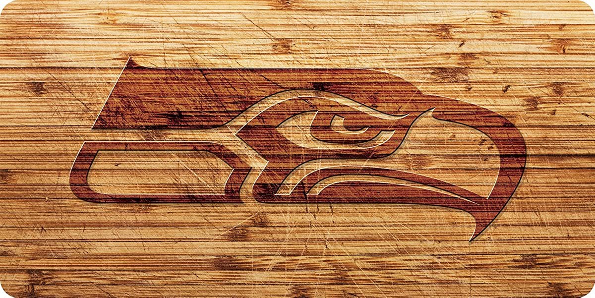 Seattle Seahawks Premium Laser Tag License Plate Mirrored Acrylic Inlaid Woodgrain Design 6x12 Inch