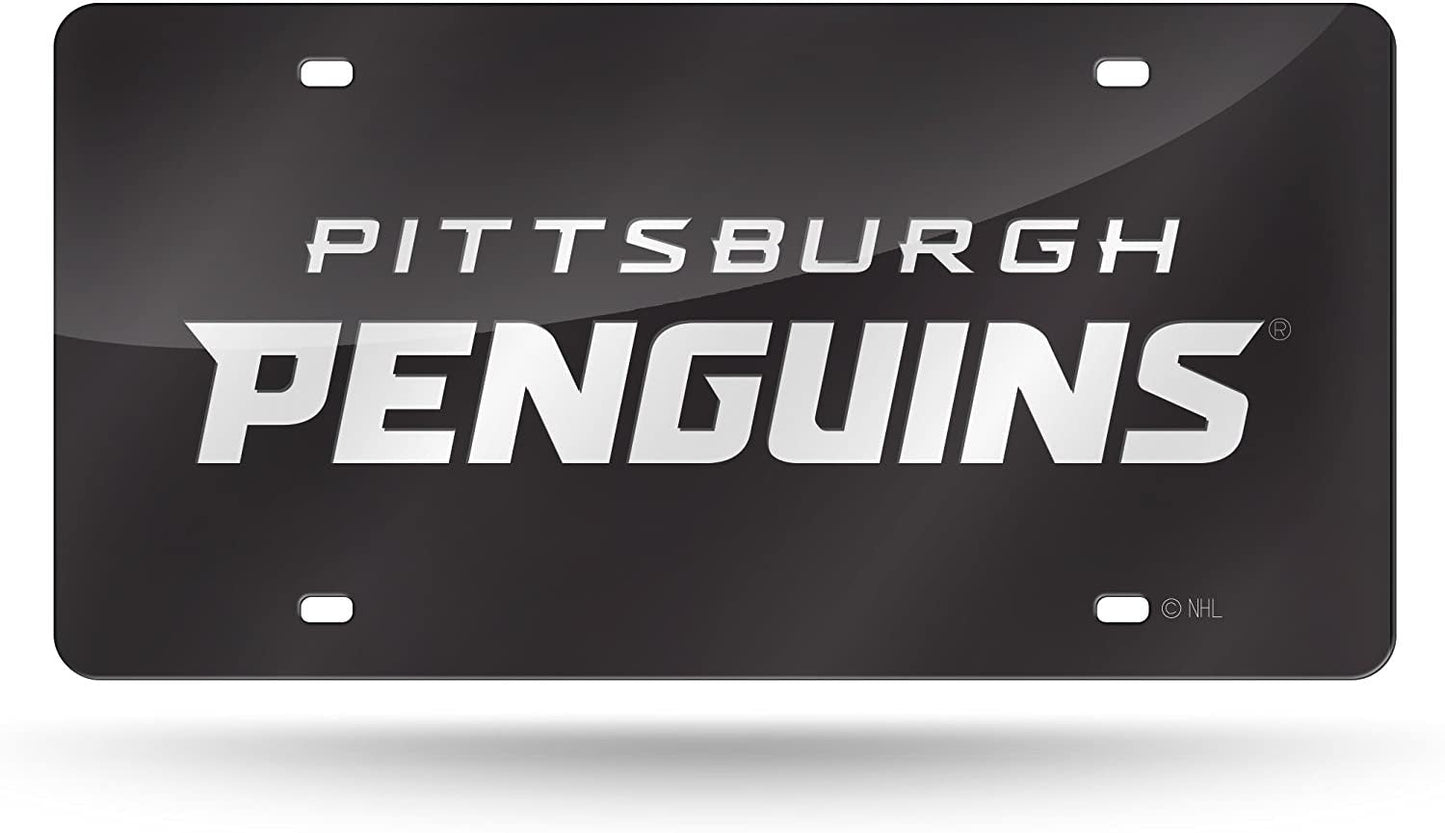 Pittsburgh Penguins Premium Laser Cut Tag License Plate, Black Mirrored Acrylic Inlaid, 12x6 Inch