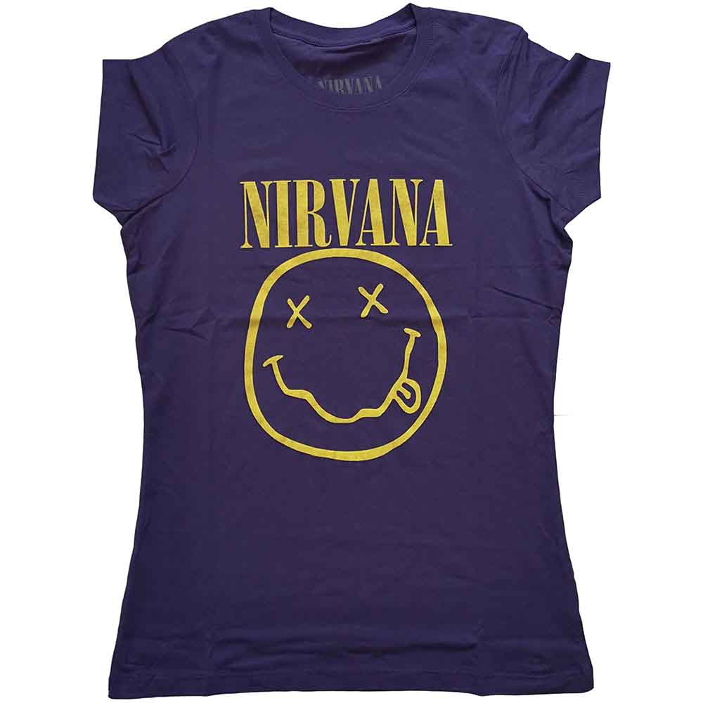 Nirvana Yellow Happy Face Womens T Shirt Purple Officially Licensed