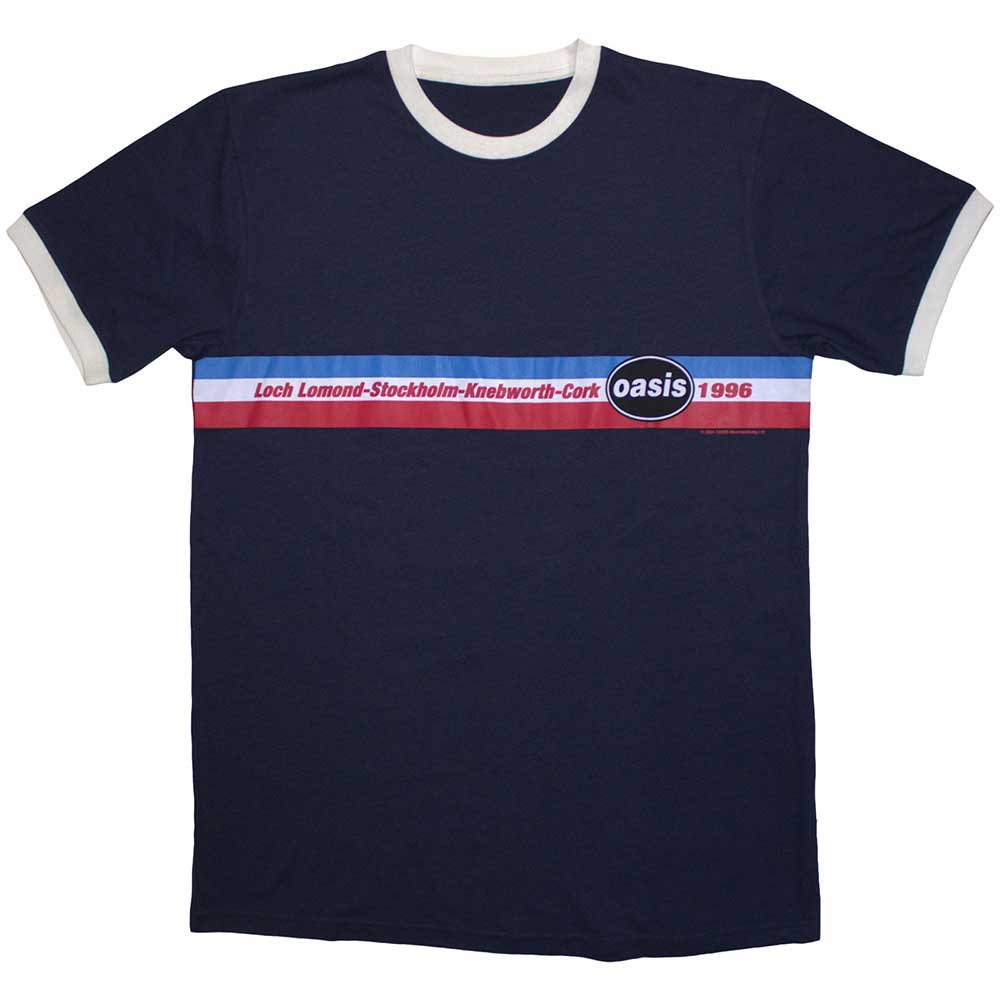 Oasis 1996 Tour Horizontal Stripes Mens Ringer T Shirt Blue
