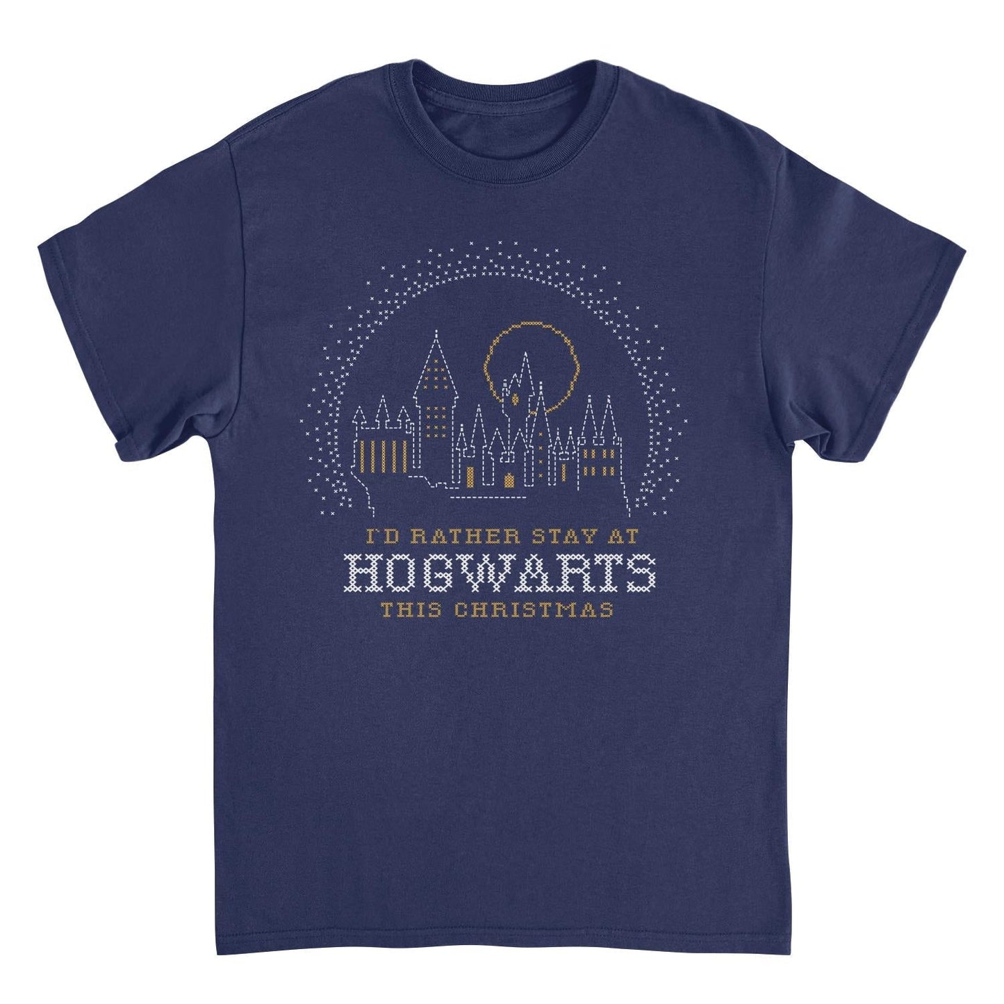 Harry Potter I'd Rather Stay at Hogwarts This Christmas Mens T Shirt Navy Blue Officially Licensed