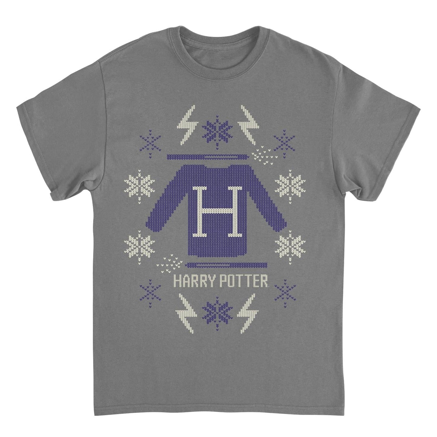 Harry Potter Blue Christmas Swetter Pattern Mens T Shirt Charcoal Officially Licensed