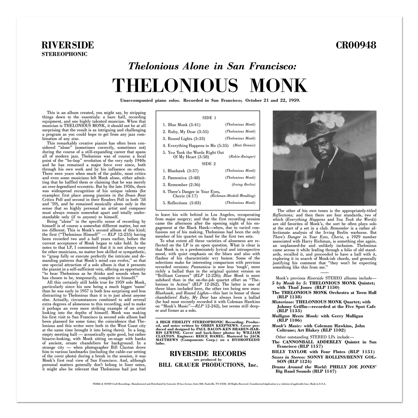 Thelonious Alone In San Francisco (Original Jazz Classics Series) (180g LP) Vinyl Record