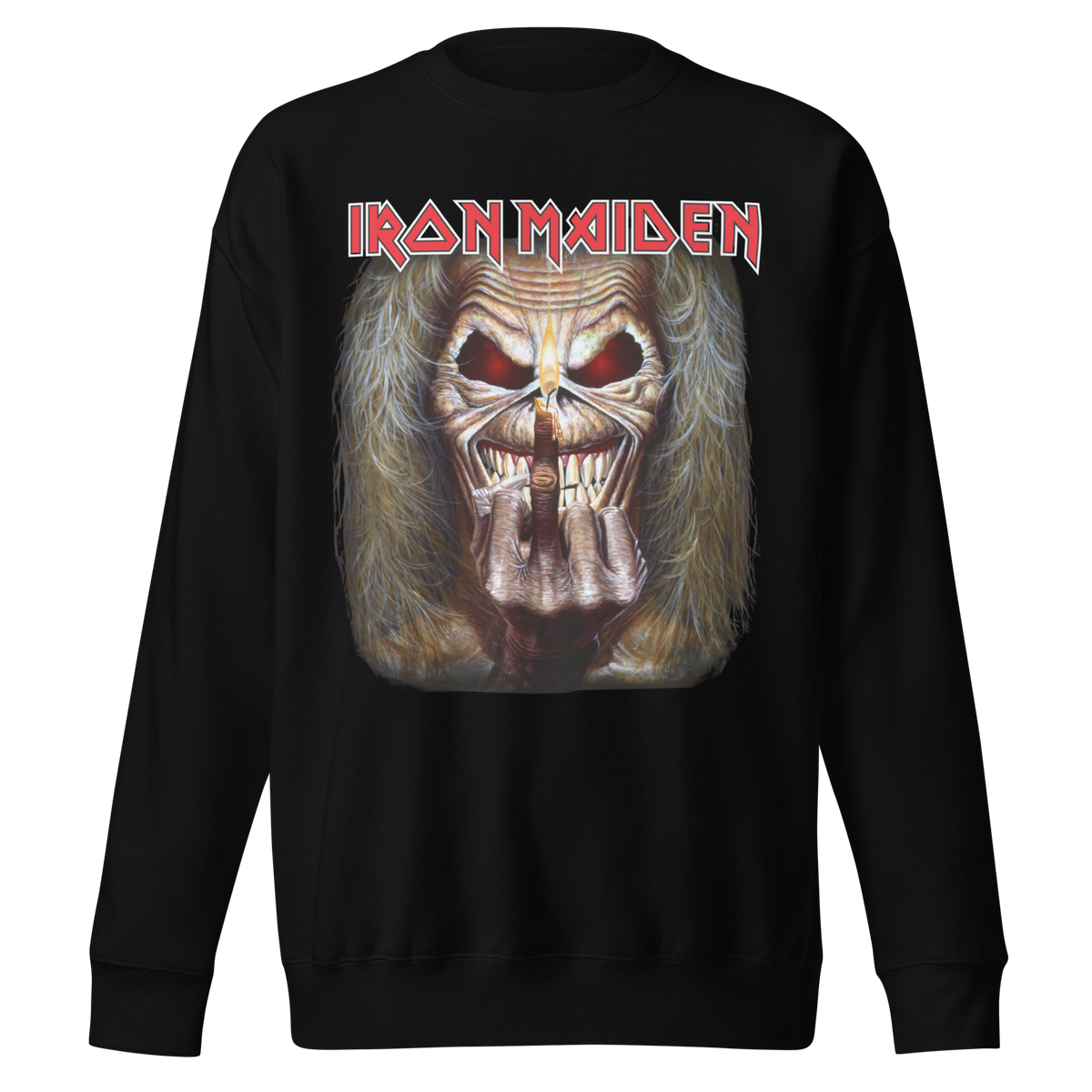 Stakes Iron Maiden Candle Finger Jumbo Print Crewneck Sweatshirt Officially Licensed
