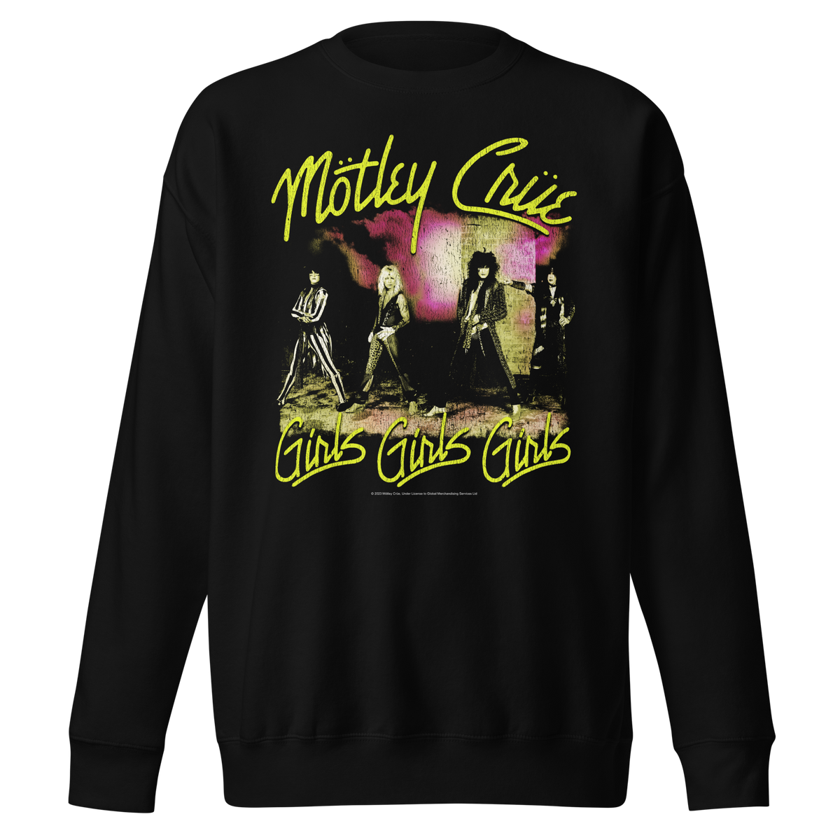 Stakes Motley Crue Yellow Girls Jumbo Print Crewneck Sweatshirt Officially Licensed
