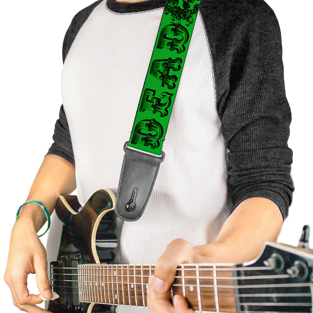 Grateful Dead Text With Skull and Roses Green Guitar Strap