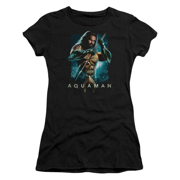 Aquaman Movie Trident Junior Sheer Cap Sleeve Womens T Shirt Black