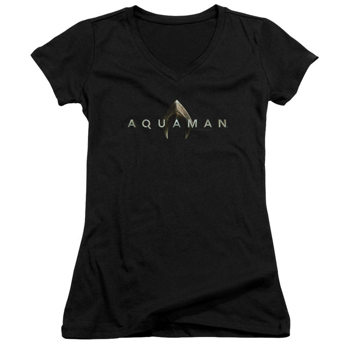 Aquaman Movie Logo Junior Sheer Cap Sleeve V-Neck Womens T Shirt Black