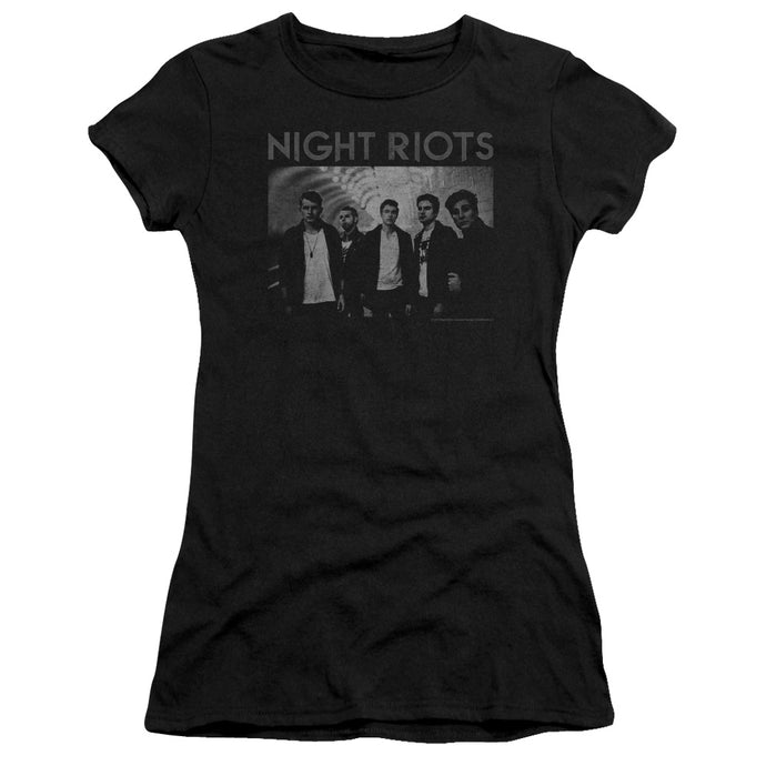 Night Riots Greyscale Junior Sheer Cap Sleeve Womens T Shirt Black