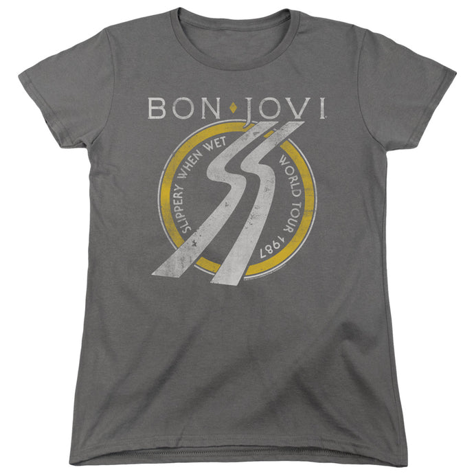 Bon Jovi Slippery When Wet World Tour Womens T Shirt Charcoal