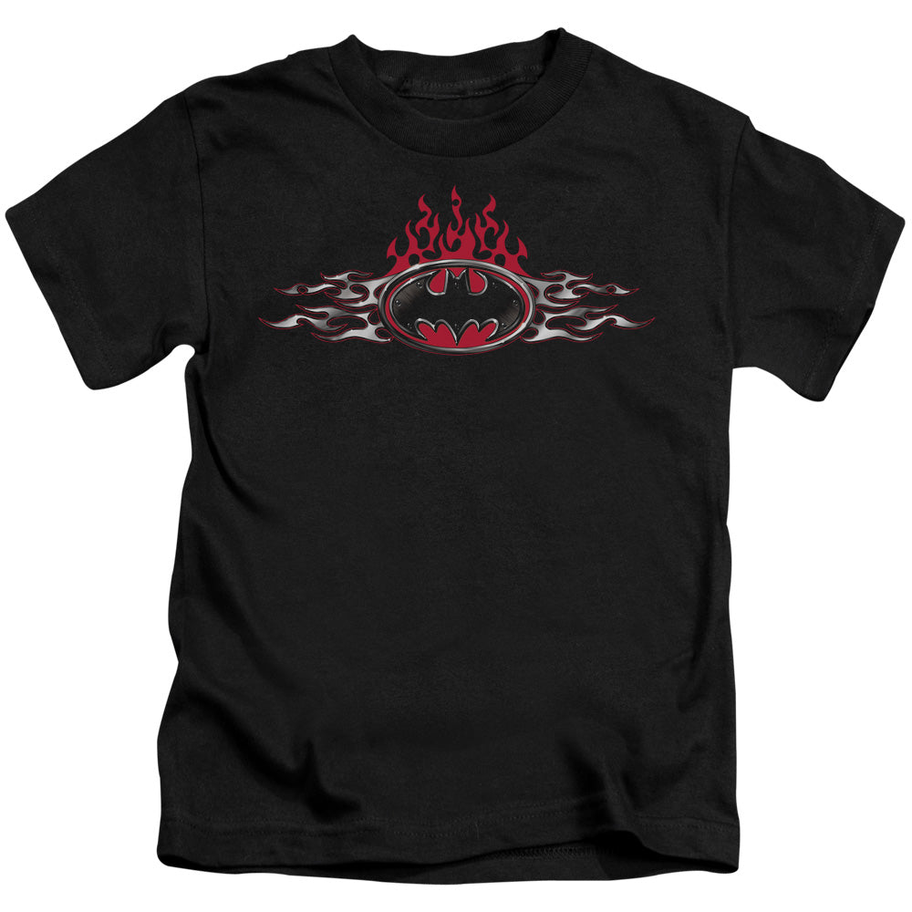 Batman Steel Flames Logo Juvenile Kids Youth T Shirt Black