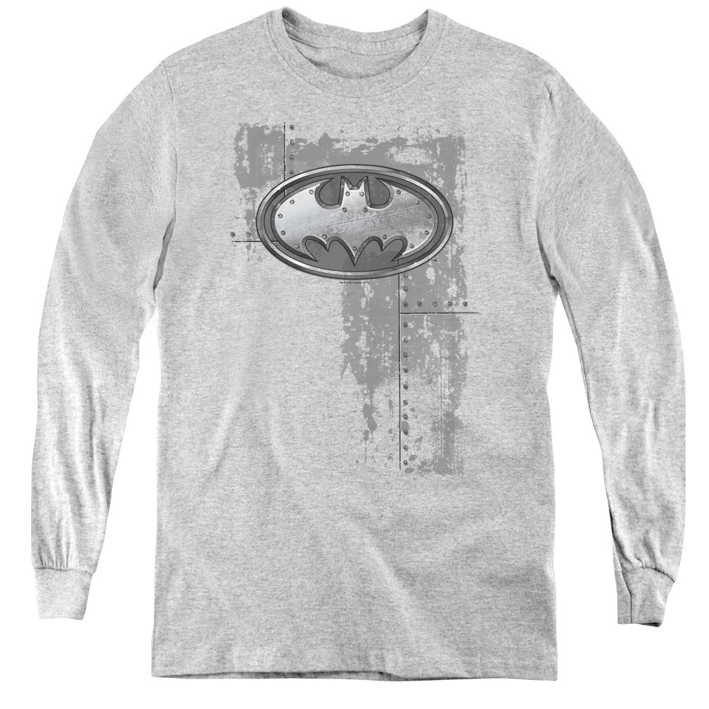 Batman Rivited Metal Logo Long Sleeve Kids Youth T Shirt Athletic Heather
