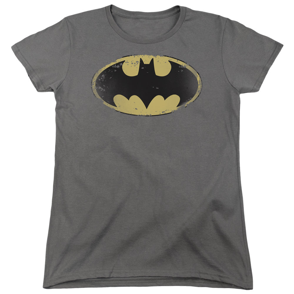Batman Distressed Shield Womens T Shirt Charcoal