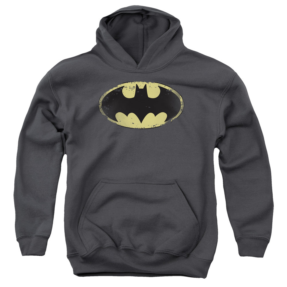 Batman Distressed Shield Kids Youth Hoodie Charcoal