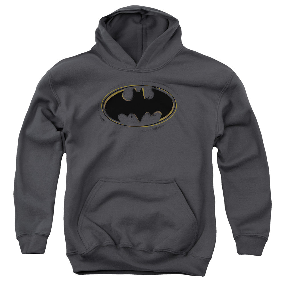 Batman Spray Paint Logo Kids Youth Hoodie Charcoal