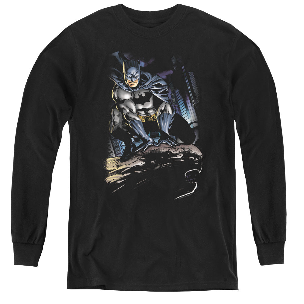 Batman Perched Long Sleeve Kids Youth T Shirt Black
