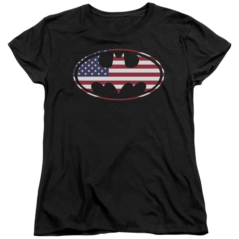 Batman American Flag Oval Womens T Shirt Black