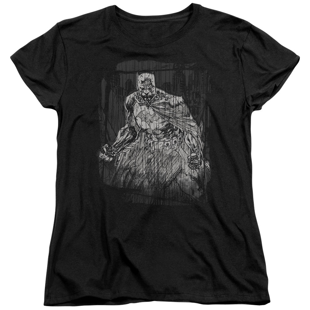 Batman Pencilled Rain Womens T Shirt Black