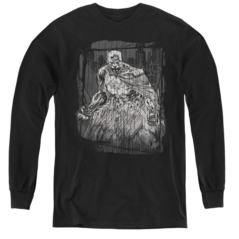 Batman Pencilled Rain Long Sleeve Kids Youth T Shirt Black