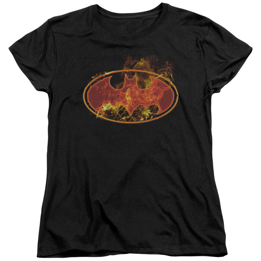 Batman Flames Logo Womens T Shirt Black