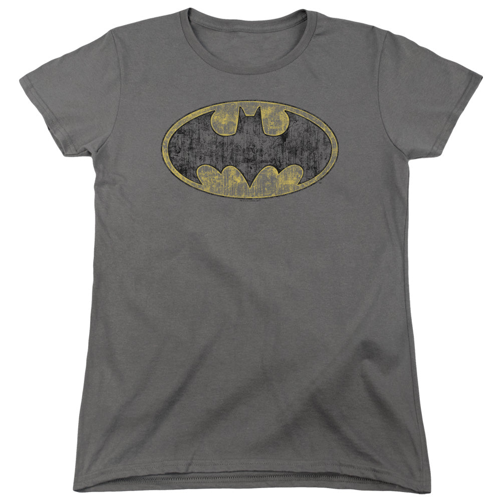 Batman Tatered Logo Womens T Shirt Charcoal