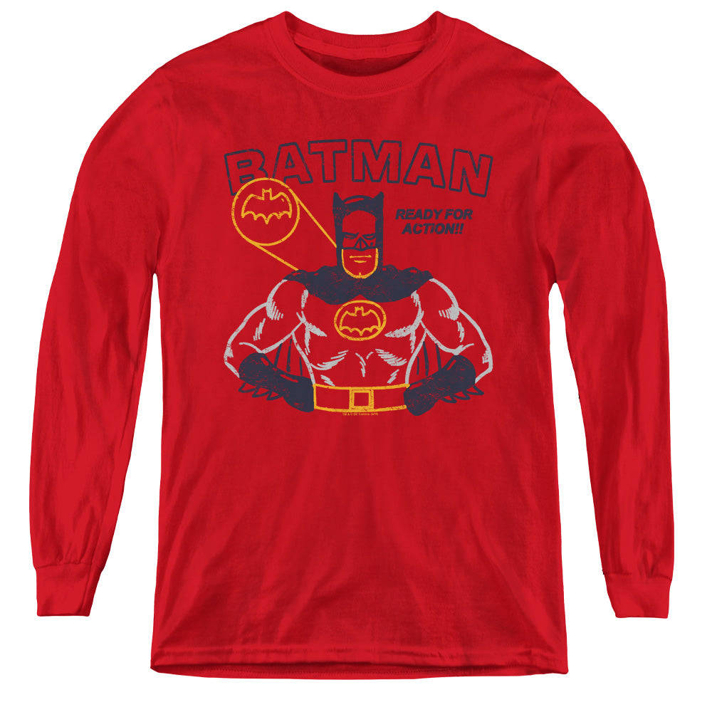 Batman Ready For Action Long Sleeve Kids Youth T Shirt Red