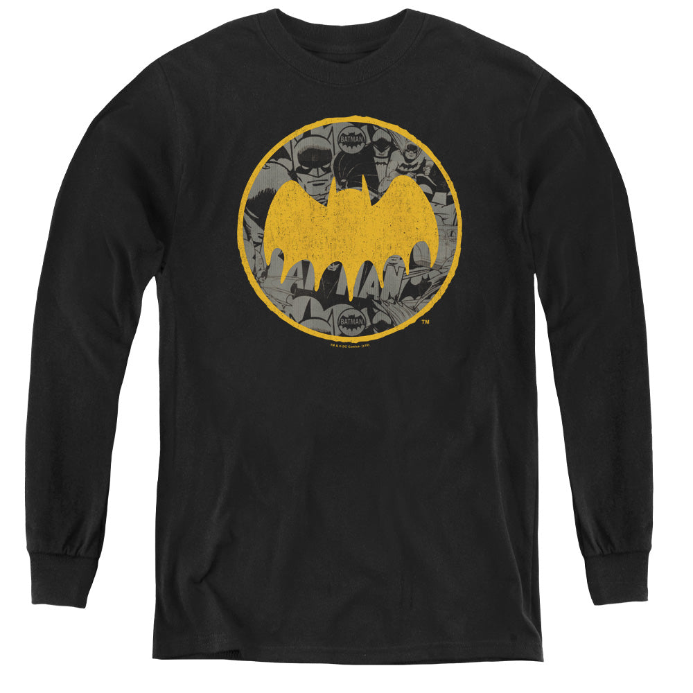 Batman Vintage Symbol Collage Long Sleeve Kids Youth T Shirt Black