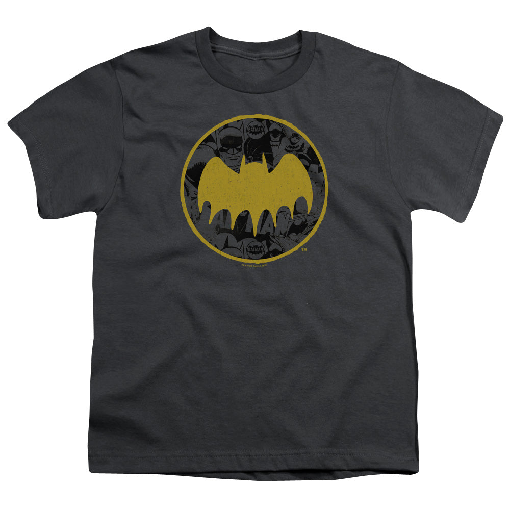 Batman Vintage Symbol Collage Kids Youth T Shirt Charcoal