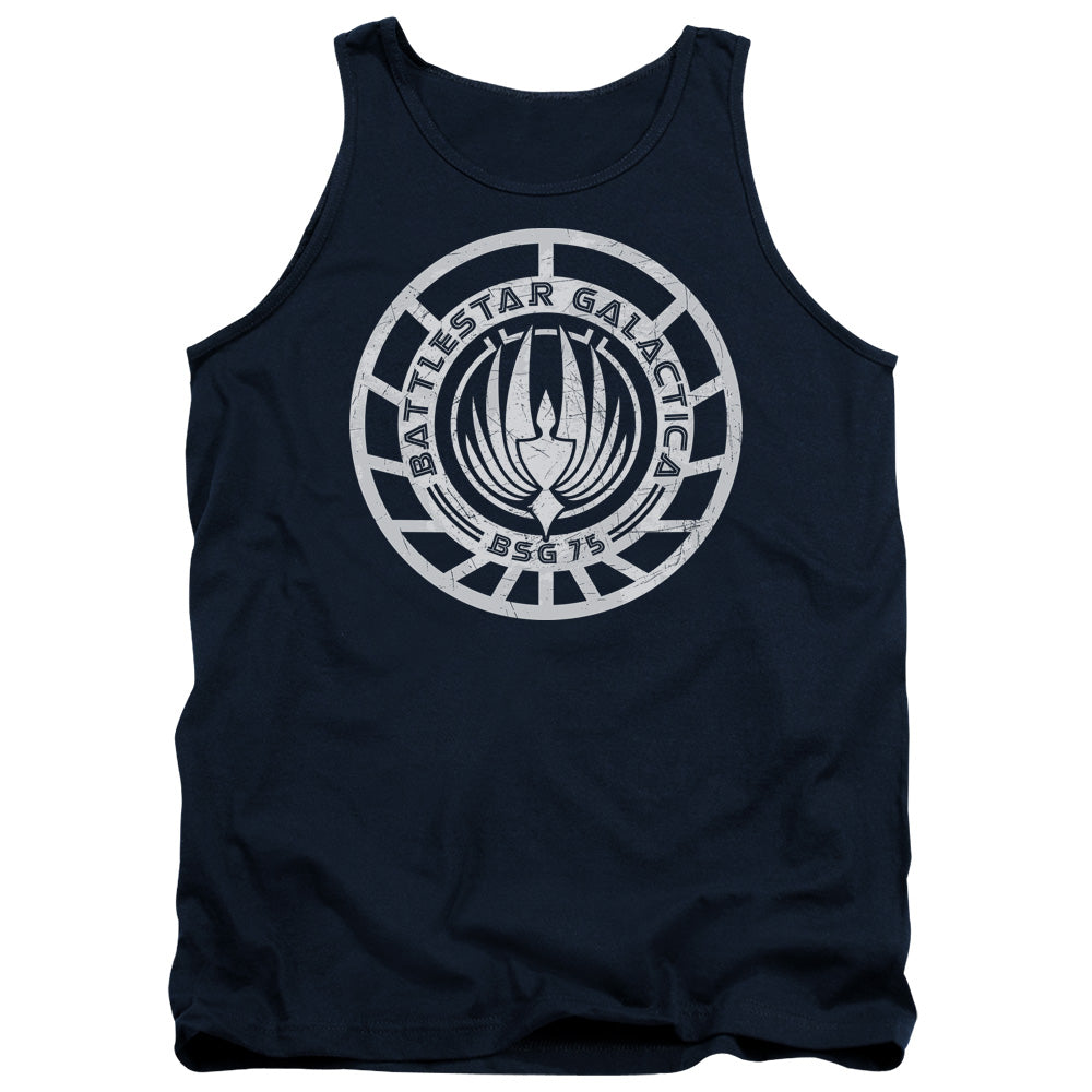 Battlestar Galactica Scratched Battlestar Galactica Logo Mens Tank Top Shirt Navy Blue Officially Licensed